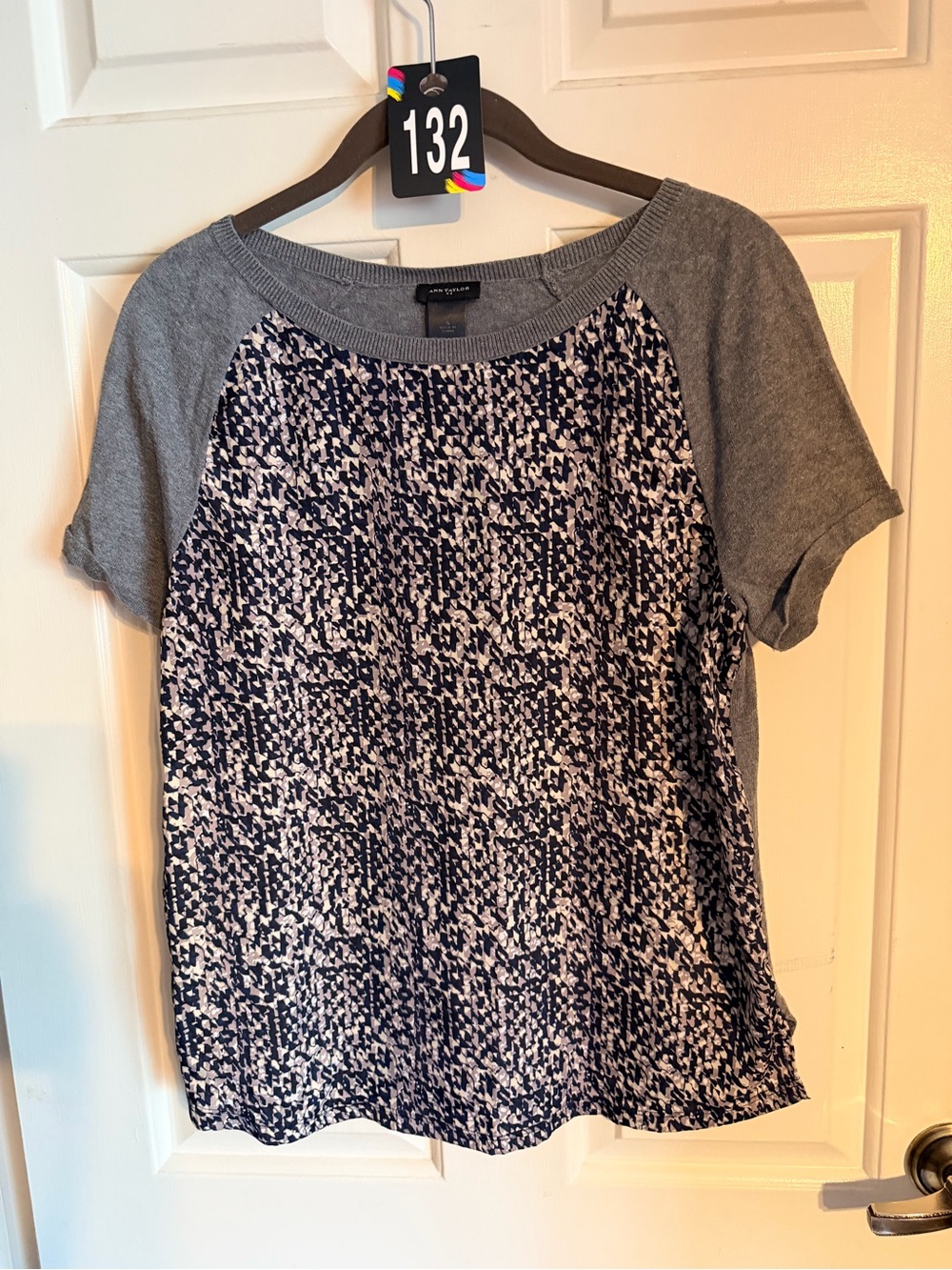 Ann Taylor Short Sleeve Mixed-Media Tee in Navy and Gray
